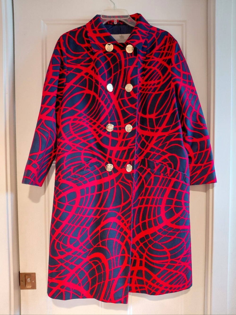 Vintage Aquascutum Weatherproof Trench Coat London England Blue Red Gold Buttons
